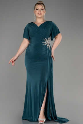 Emerald Green Short Sleeve Long Plus Size Evening Dress ABU3918