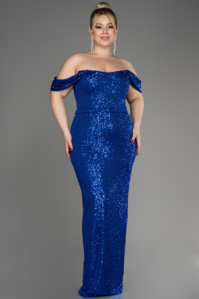 Sax Blue Shoulder Low Cut Long Sequin Plus Size Evening Dress ABU3919