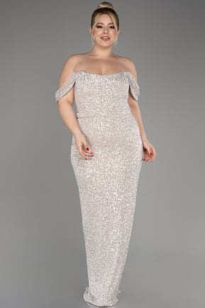 Mink Shoulder Low Cut Long Sequin Plus Size Evening Dress ABU3919