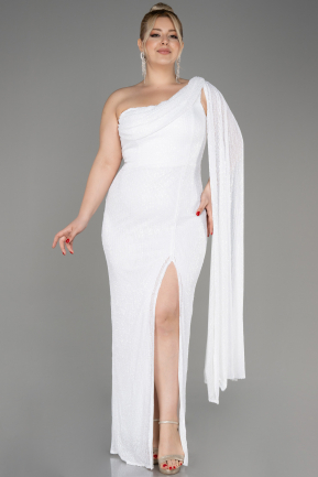 White One Shoulder Long Sequin Plus Size Evening Dress ABU3920