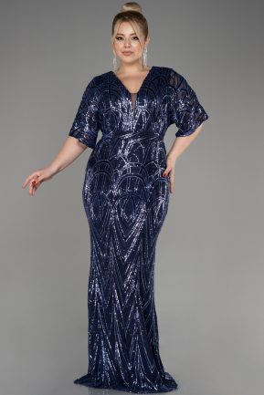 Navy Blue Short Sleeve Sequin Long Plus Size Evening Gown ABU3922