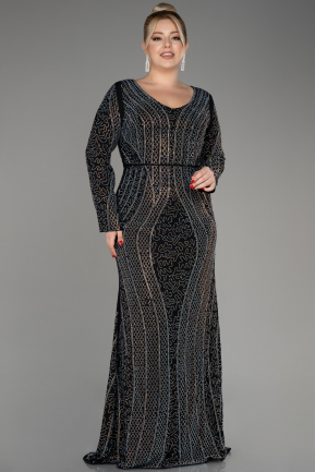 Black Stoned Long Sleeve Plus Size Evening Gown ABU3934