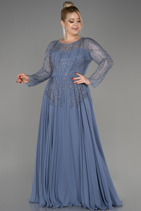 Grey Stoned Long Sleeve Plus Size Evenin Gown ABU3925