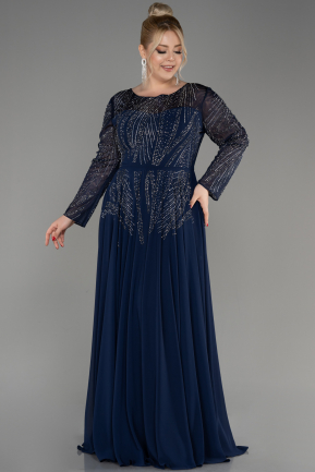 Navy Blue Stoned Long Sleeve Plus Size Evenin Gown ABU3925