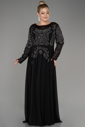 Black Stoned Long Sleeve Plus Size Evening Dress ABU3926