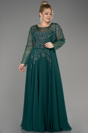 Emerald Green Stoned Long Sleeve Plus Size Evening Dress ABU3926