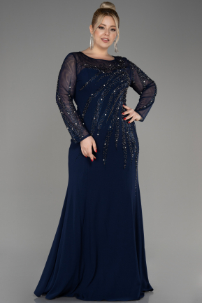 Navy Blue Stoned Long Sleeve Plus Size Evenin Gown ABU3928
