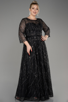 Black Capri Sleeve Stone Long Guipure Plus Size Evening Dress ABU3929