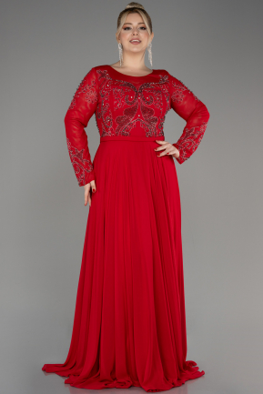 Red Stoned Long Sleeve Plus Size Evening Dress ABU3944