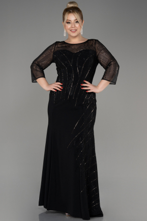 Black Stoned Capri Sleeve Long Plus Size Evening Dress ABU3931