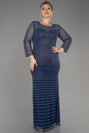 Navy Blue Stoned Long Sleeve Long Plus Size Evening Gown ABU3933