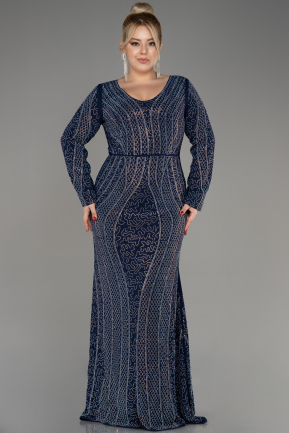 Navy Blue Stoned Long Sleeve Plus Size Evening Gown ABU3934