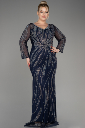 Navy Blue Stoned Long Sleeve Plus Size Evening Gown ABU3935