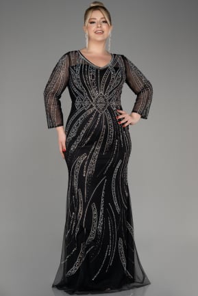 Black Stoned Long Sleeve Plus Size Evening Gown ABU3935