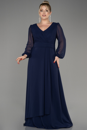 Navy Blue Long Sleeve Chiffon Plus Size Evening Dress ABU3938
