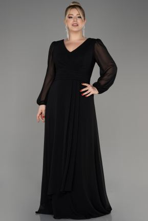 Black Long Sleeve Chiffon Plus Size Evening Dress ABU3938