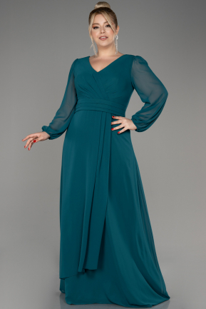 Green Long Sleeve Chiffon Plus Size Evening Dress ABU3938
