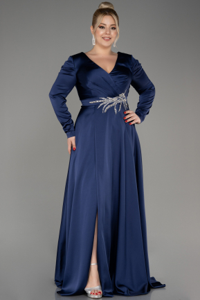 Navy Blue Long Sleeve Satin Plus Size Evening Dress ABU3941