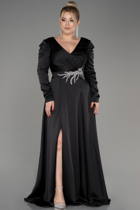 Black Long Sleeve Satin Plus Size Evening Dress ABU3941
