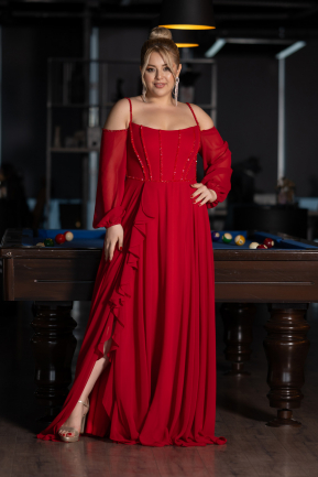 Red Long Chiffon Slit Plus Size Evening Dress ABU3915