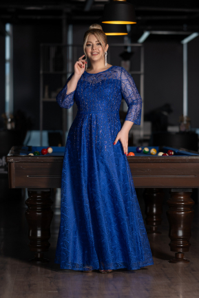 Sax Blue Long Sleeve Laced Plus Size Evening Dress ABU3932