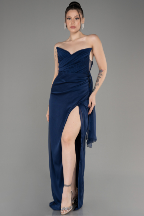 Navy Blue Strapless Slit Long Chiffon Evening Dress ABU3947