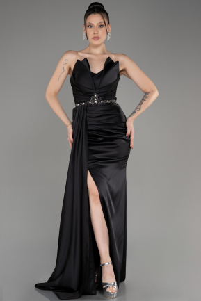 Black Strapless Slit Long Satin Evening Dress ABU3948