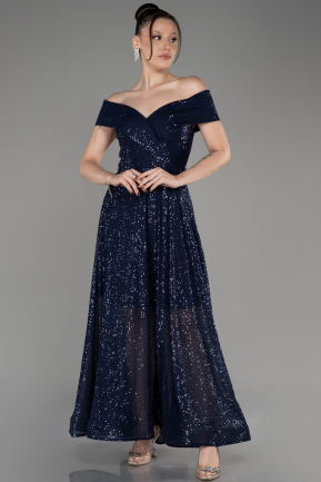 Navy Blue Off The Soulder Scaly Midi Evening Dress ABK2048