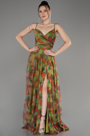 Pistachio Green Slit Long Patterned Prom Dress ABU3954