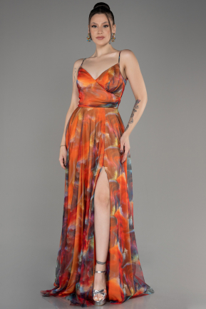 Orange Slit Long Patterned Plus Size Prom Dress ABU3955