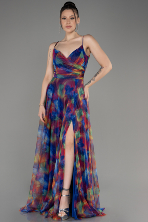 Sax Blue Slit Long Patterned Plus Size Prom Dress ABU3955