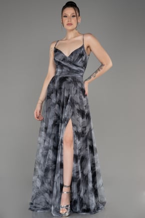 Black Slit Long Patterned Plus Size Prom Dress ABU3955
