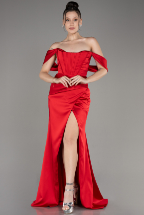 Red Off Shoulder Slit Satin Prom Dress ABU3964