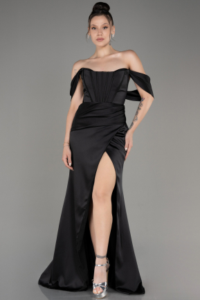 Black Off Shoulder Slit Satin Prom Dress ABU3964