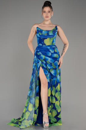 Sax Blue Strapless Slit Print Prom Dress ABU3966