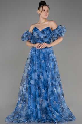 Blue Strapless Print Long Prom Dress ABU3969