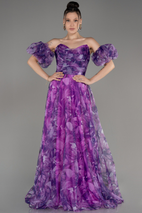 Purple Strapless Print Long Prom Dress ABU3969