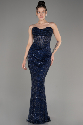 Navy Blue Long Scaly Mermaid Evening Gown ABU3970