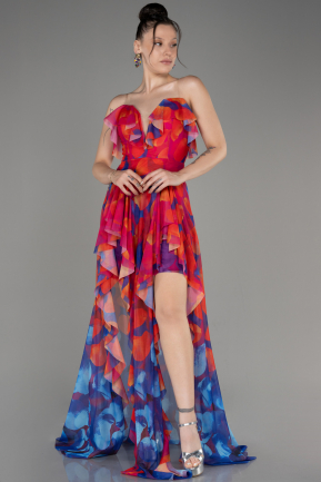 Fuchsia Strapless Slit Printed Long Prom Dress ABU3975