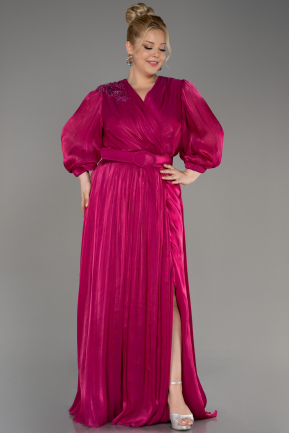 Fuchsia Long Sleeve Belted Chiffon Plus Size Evening Dress ABU3871