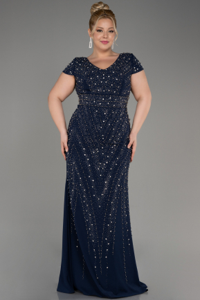 Navy Blue Short Sleeve Stone Long Plus Size Evening Gown ABU3990
