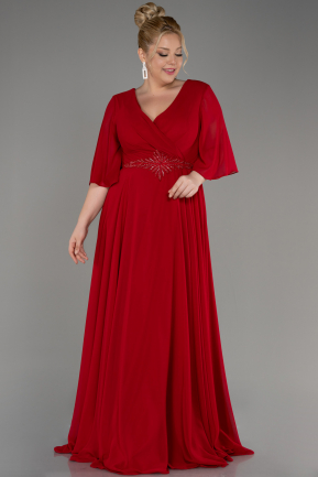 Red Short Sleeve Plus Size Long Chiffon Evening Dress ABU3991