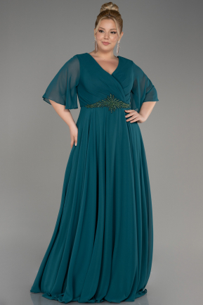 Emerald Green Short Sleeve Plus Size Long Chiffon Evening Dress ABU3991