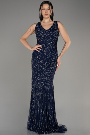 Navy Blue Sleeveless Stoned Long Plus Size Prom Gown ABU4008
