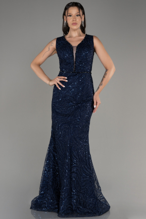 Navy Blue Sleeveless Long Glittery Plus Size Evening Gown ABU3989