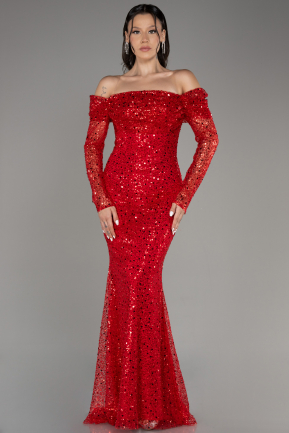 Red Long Sleeve Off The Shoulder Sequin Evening Dress ABU4016