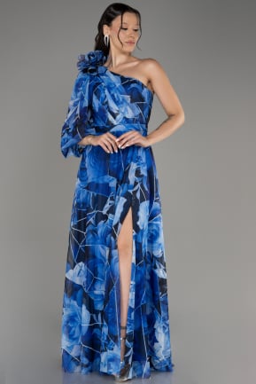 Sax Blue One Shoulder Slit Long Printed Evening Dress ABU3951