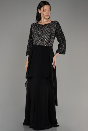 Black Stoned Long Sleeve Chiffon Plus Size Evening Dress ABU4018