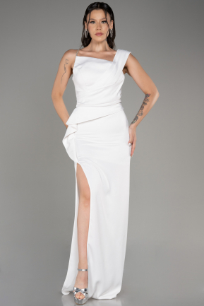 White Slit Long Satin Evening Dress ABU4014