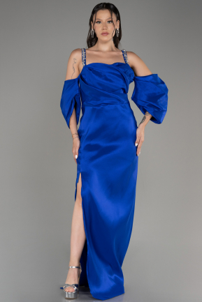 Sax Blue Slit Long Plus Size Evening Dress ABU3921